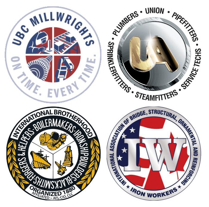 Union affiliations: UBC Millwrights, UA, Boilermakers, Iron Workers